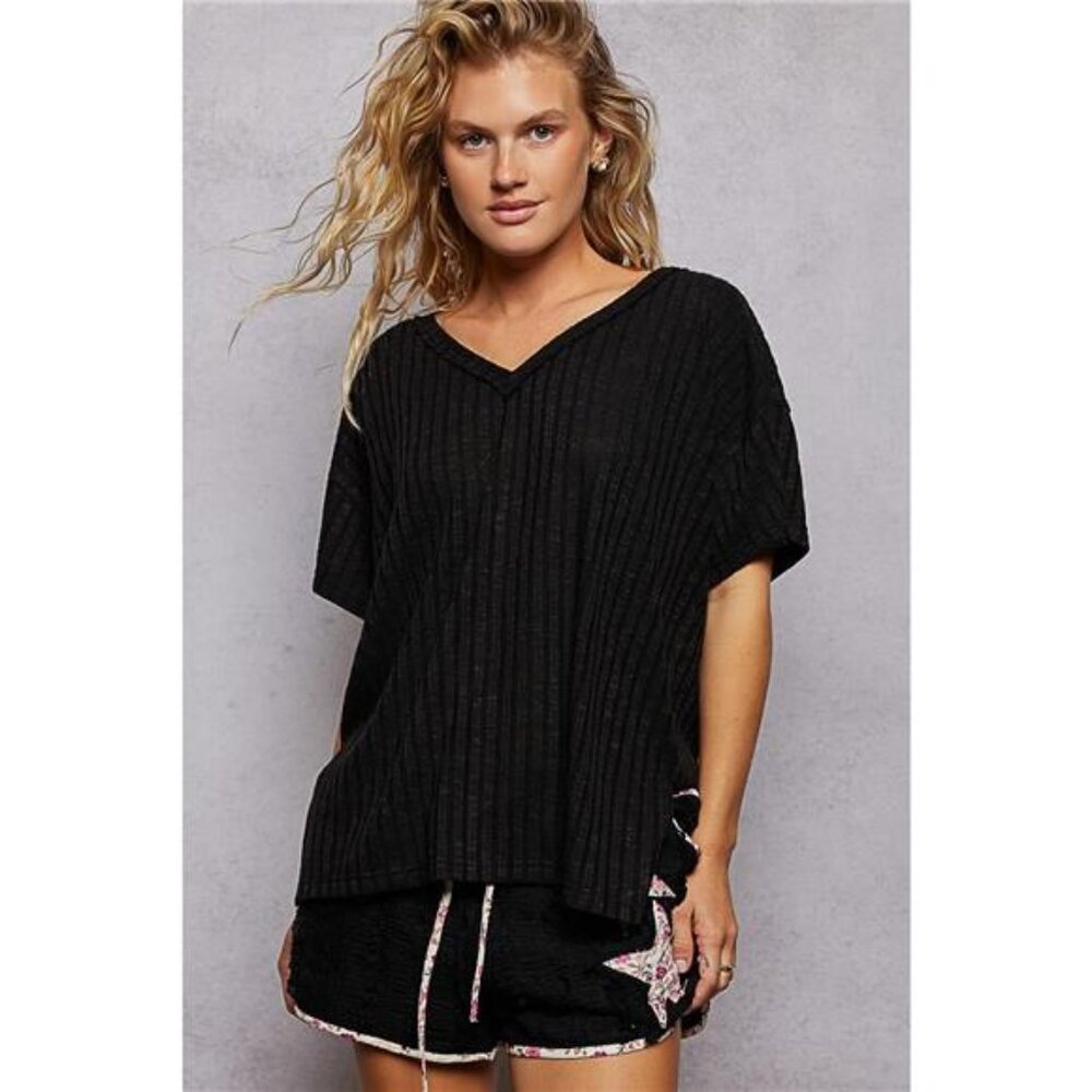 POL Ribbed‎ Knit V-Neck Short Sleeve T-Shirt